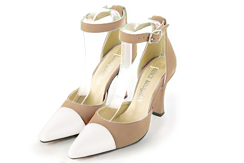 Off white and tan beige women's open side shoes, with a strap around the ankle. Tapered toe. Very high spool heels. Front view - Florence KOOIJMAN